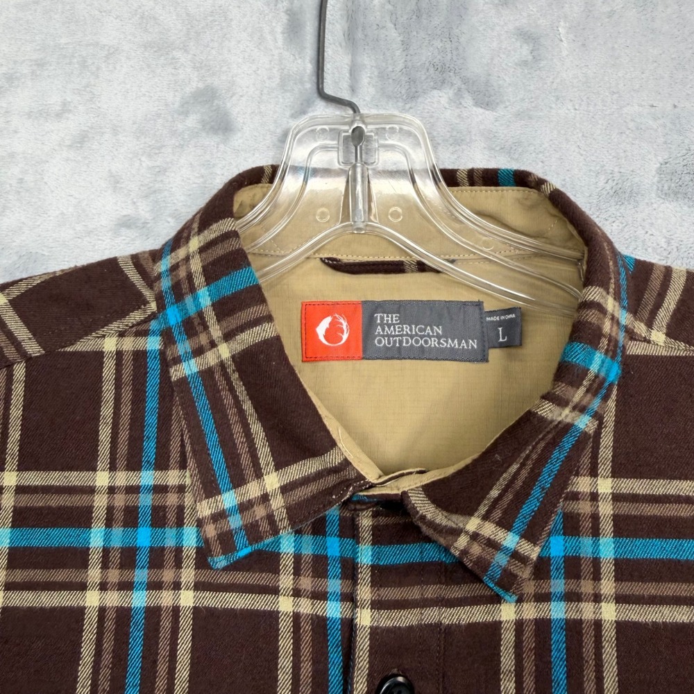 The American Outdoorsman Flannel Shirt Mens L Brown Plaid Long Sleeve Button Up - Picture 7 of 12